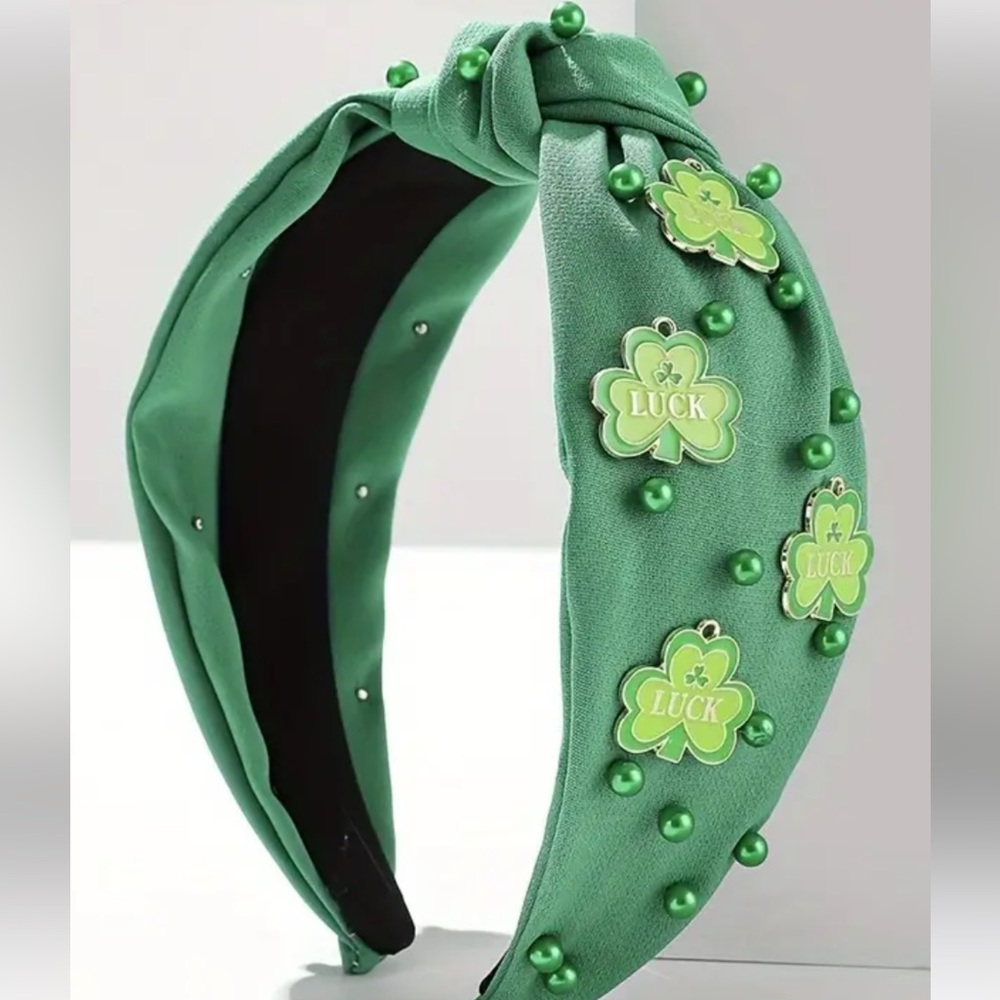 St Patrick’s Pattys Day Lucky Four Leaf Clover Green Pearl Headband NWT